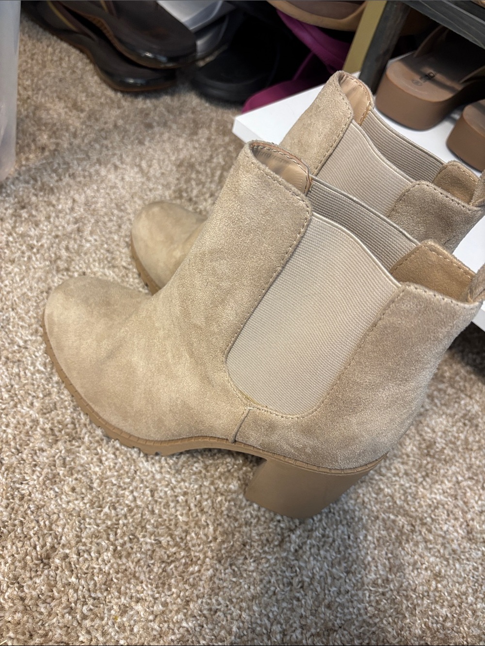 Soda Tan Suede Chelsea Block Heel Booties